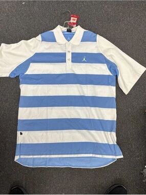 Vintage Y2K 2005 Air Jordan Men’s Blue & White Striped Polo Shirt Sizes 2XL